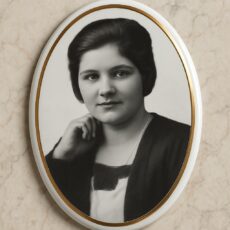 Fotoceramika 8x11 owalna ze złotym paskiem czarno-biała